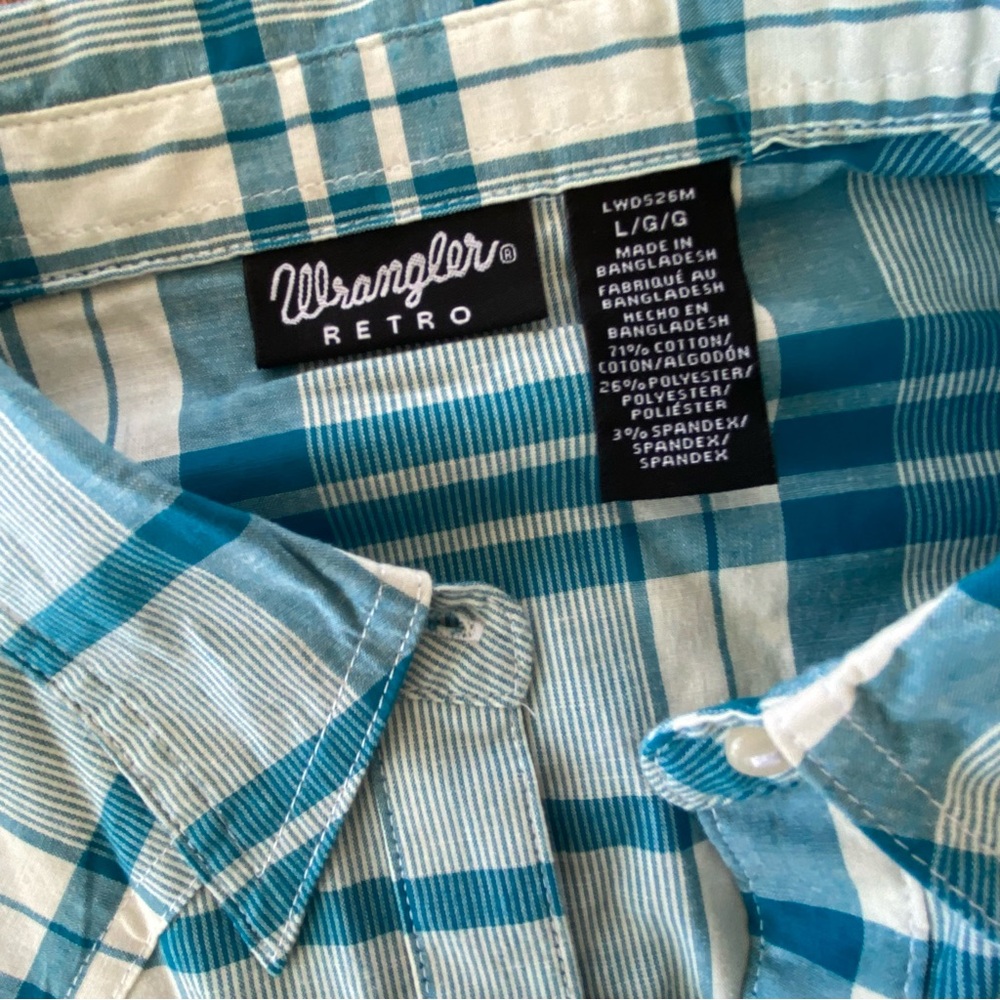 New Wrangler Teal and White Plaid Long Sleeve Dress Snap Buttons - Picture 7 of 12